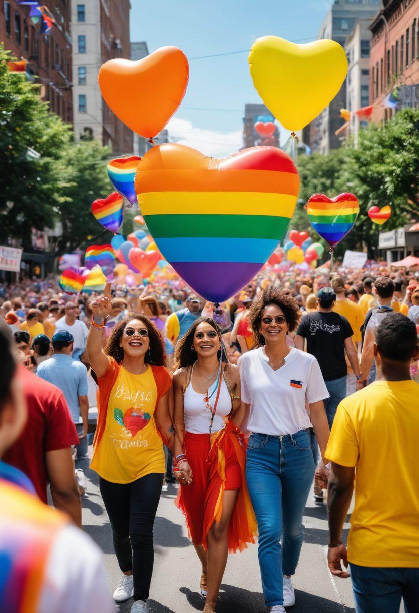 A vibrant parade scene filled with diverse individuals joyfully celebrating LGBTQ+ pride, wearing colorful attire and waving rainbow flags. Incorporate iconic symbols like hearts and peace signs in the background, capturing a sense of unity and acceptance. The street is adorned with balloons and banners showcasing powerful advocacy messages. Bright, uplifting colors should dominate the composition, symbolizing love and inclusivity. super-realistic. vibrant colors. festival atmosphere.