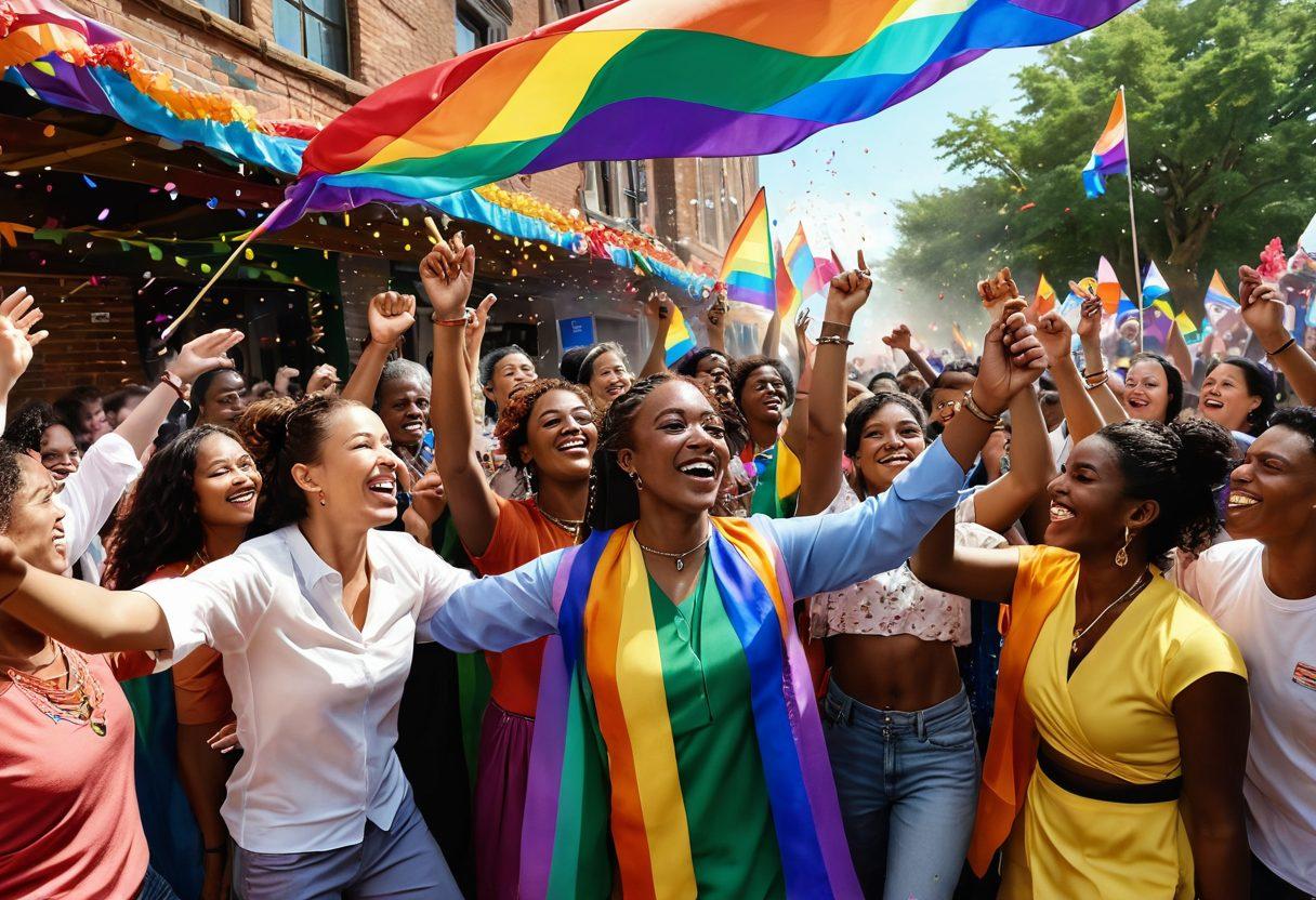 A vibrant scene depicting a diverse group of individuals celebrating at a pride event, featuring colorful flags and traditional attire from various cultures. The image should showcase joy and unity, with people of different races, genders, and abilities dancing together under a rainbow-colored archway. Bright confetti fills the air, enhancing the festive atmosphere. super-realistic. vibrant colors. 3D.
