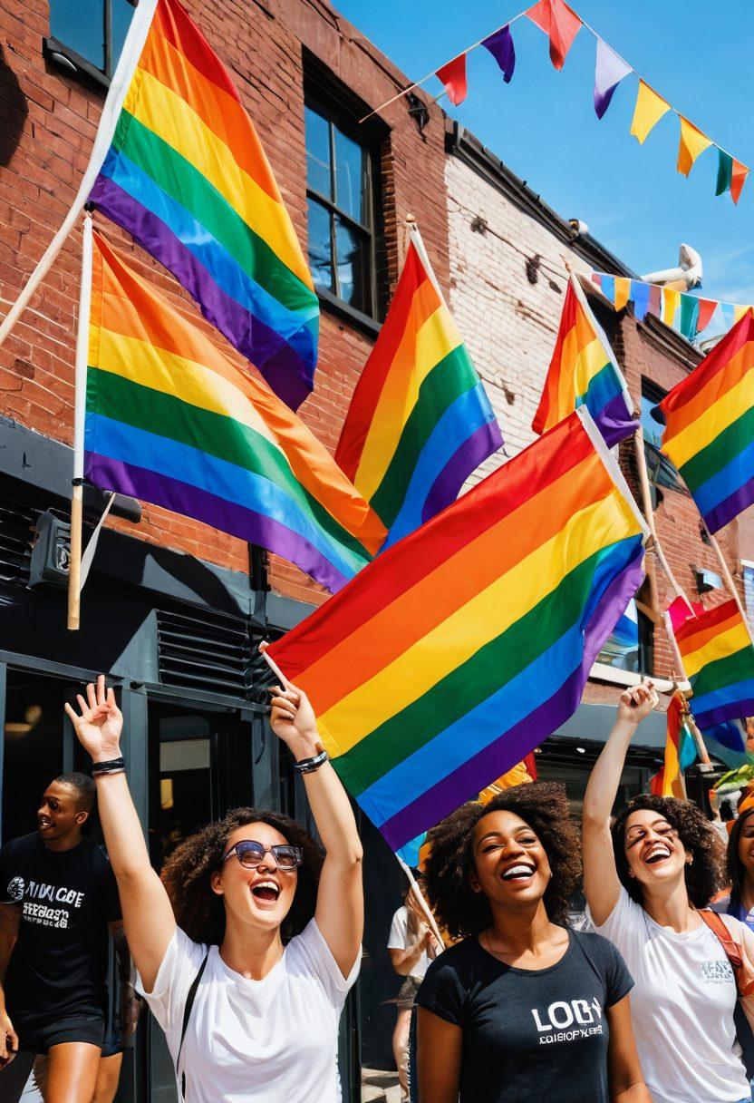 A vibrant mural showcasing a diverse group of individuals from the LGBTQ+ community engaging in a lively celebration, with colorful flags and symbols of pride. The background features a transition from a festive atmosphere to a scene of advocacy, where people are holding signs and sharing messages of empowerment. Bright, lively colors emphasizing inclusion and support, blending joy with purpose. super-realistic. vibrant colors. urban art style.